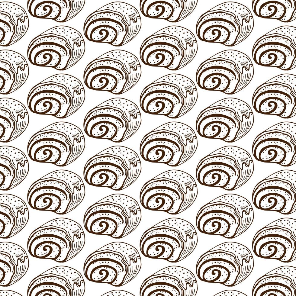 Pattern with poppy seed bun, bun with chocolate and bun with cinnamon. Bakery product. For printing wrapping paper, packaging, fabric. Vintage style design. Hand Drawn vector illustration.