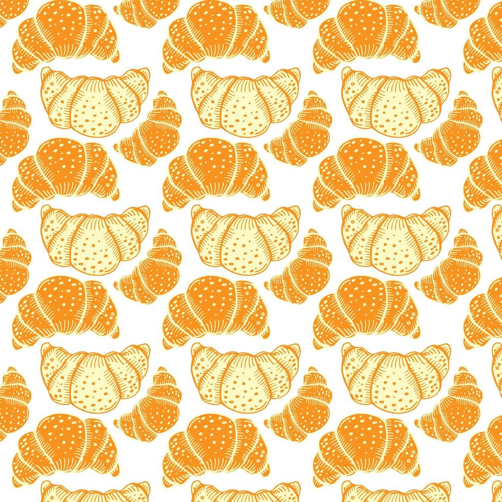 Pattern with tasty fresh crunchy croissants in simple cartoon style. Background for design menu cafe, bistro, restaurant, label and packaging. Vector repeat food background.