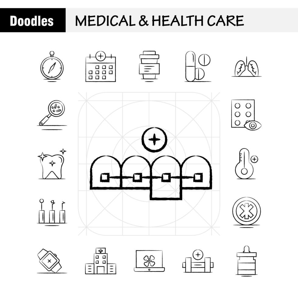 icono dibujado a mano de atención médica y de salud para impresión web y kit de uxui móvil, como navegación médica, brújula, calendario de navegación, salud médica más vector de paquete de pictogramas