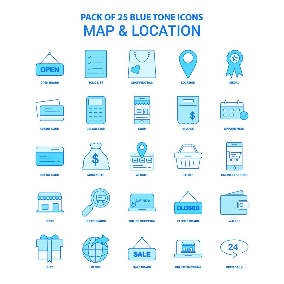 Map and Location Blue Tone Icon Pack 25 Icon Sets vector
