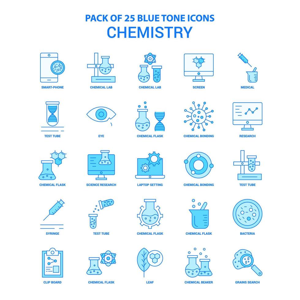 paquete de iconos de tono azul de química 25 conjuntos de iconos vector