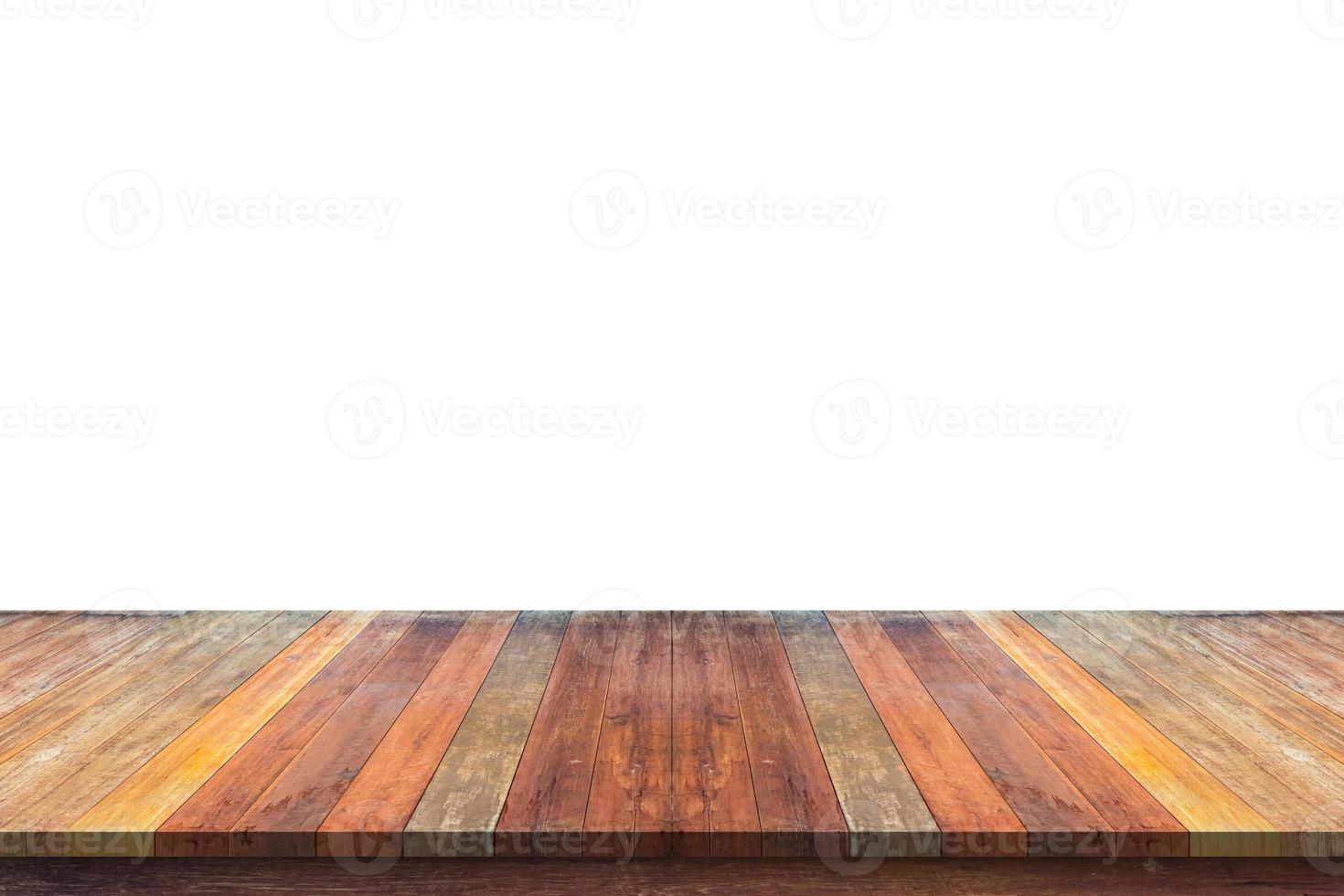 Empty wooden table top isolated on white background for product display photo