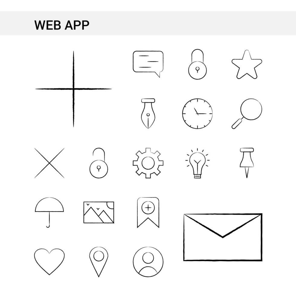 aplicación web estilo de conjunto de iconos dibujados a mano aislado en vector de fondo blanco