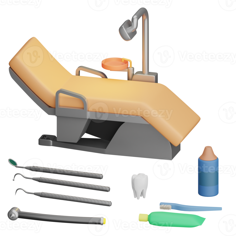 Das 3D-gerenderte Zahnarztset umfasst Zahn, Zahnpasta, Zahnbürste, Dentaleinheit, Zahnbohrer usw., perfekt für Designprojekte png
