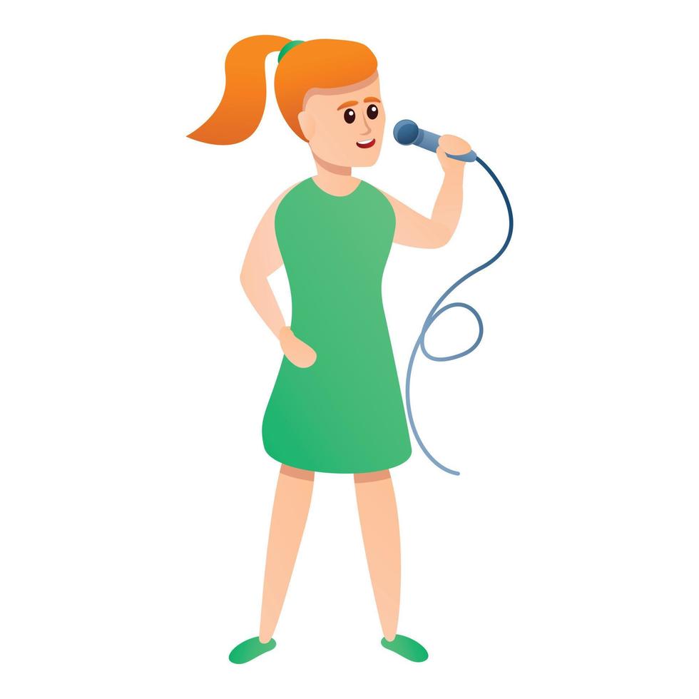 Girl singing microphone icon, cartoon style vector