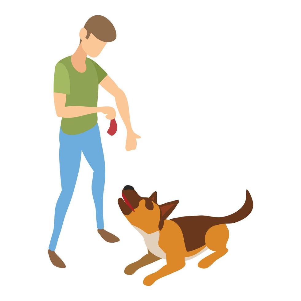 Cynologist give meat to dog icon, isometric style vector