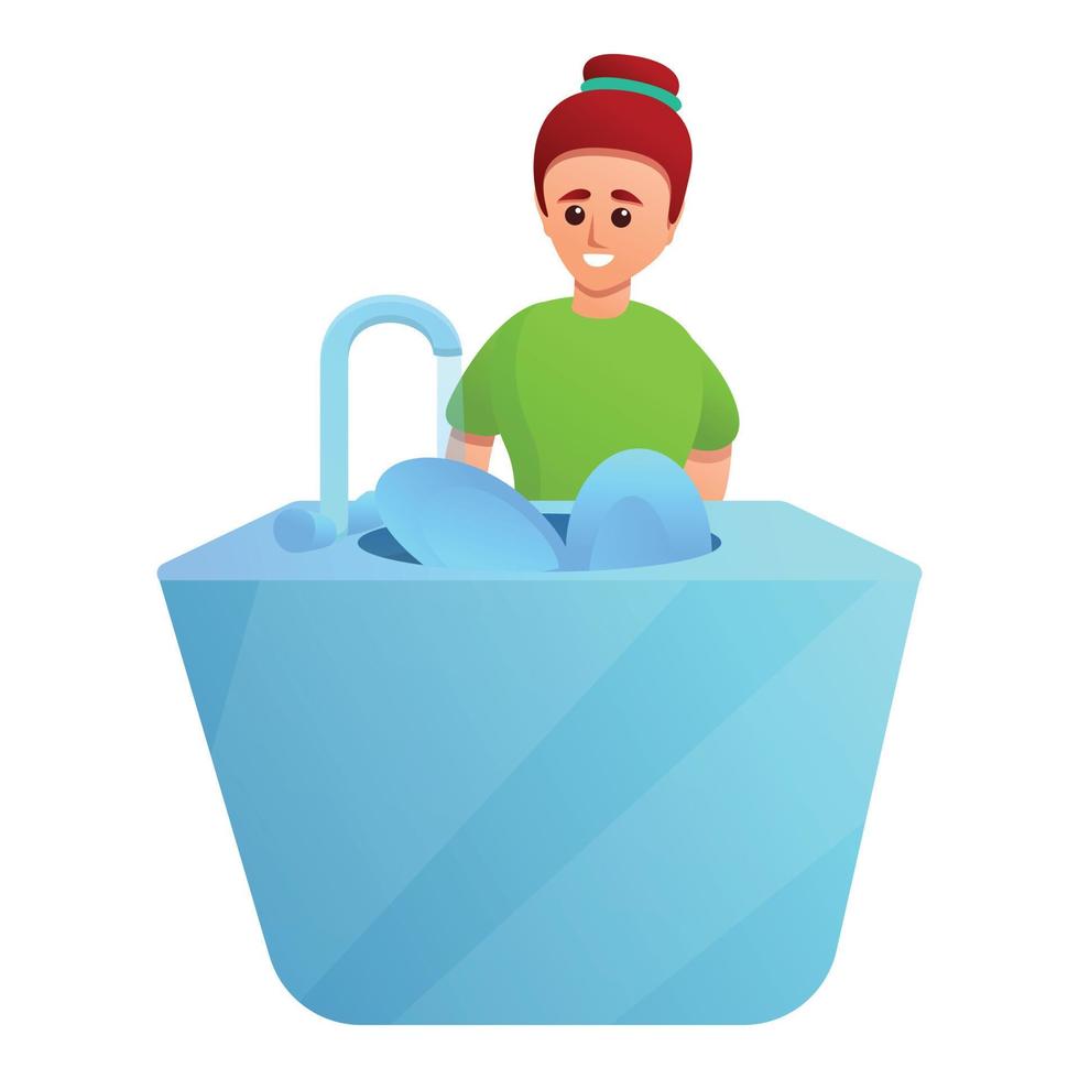 Girl wash dishes icon, cartoon style vector