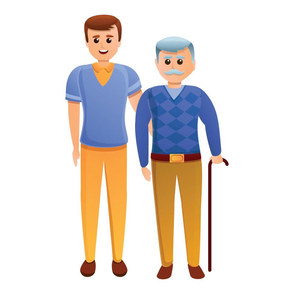 Volunteer with grandfather icon, cartoon style vector