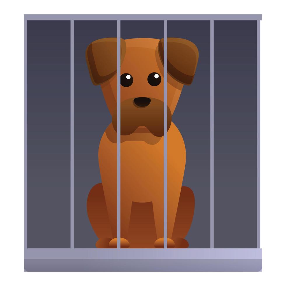 Sad dog in shelter cage icon, cartoon style vector