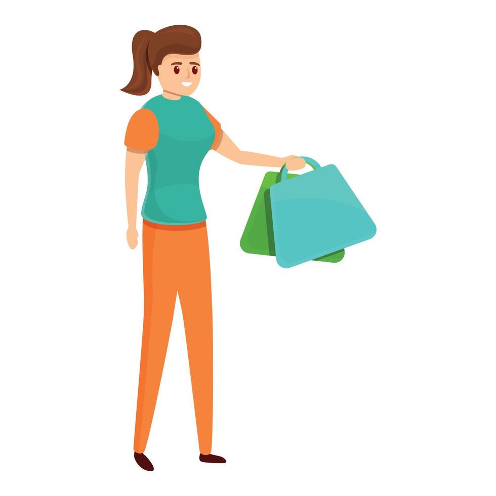 Girl take shop bags icon, cartoon style vector