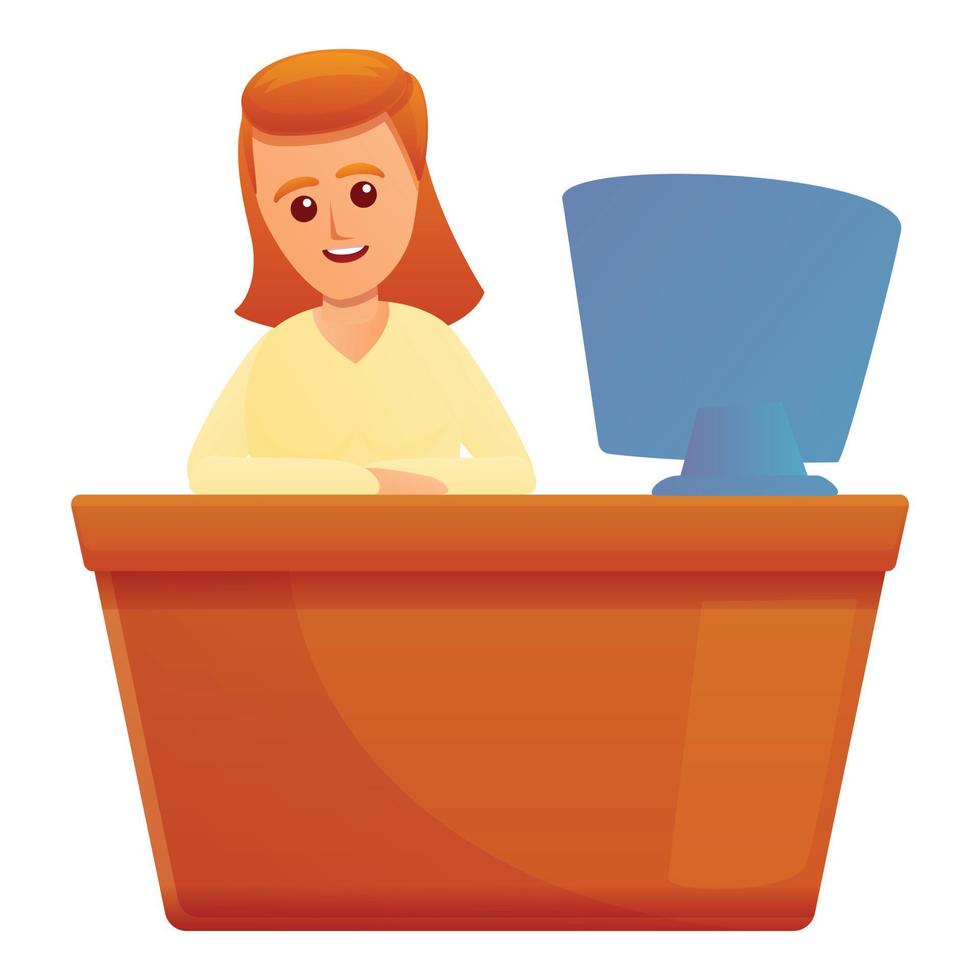 Woman desktop insurance icon, cartoon style vector