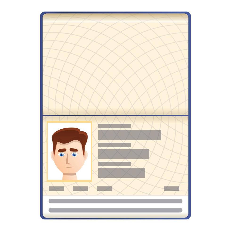 Passport photo page icon, cartoon style vector