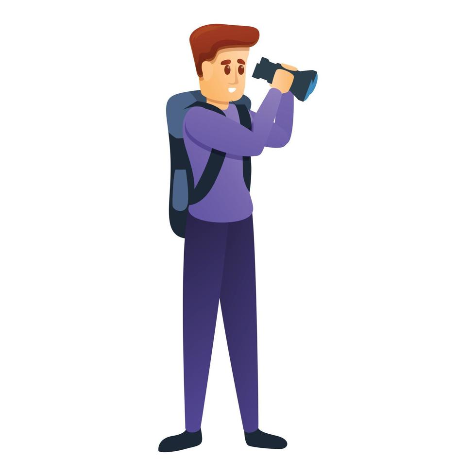 Hiker look in binoculars icon, cartoon style vector