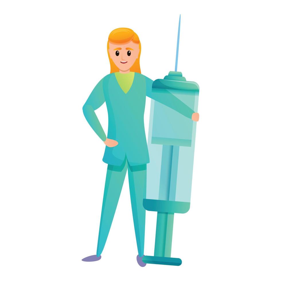 Happy nurse with syringe icon, cartoon style vector