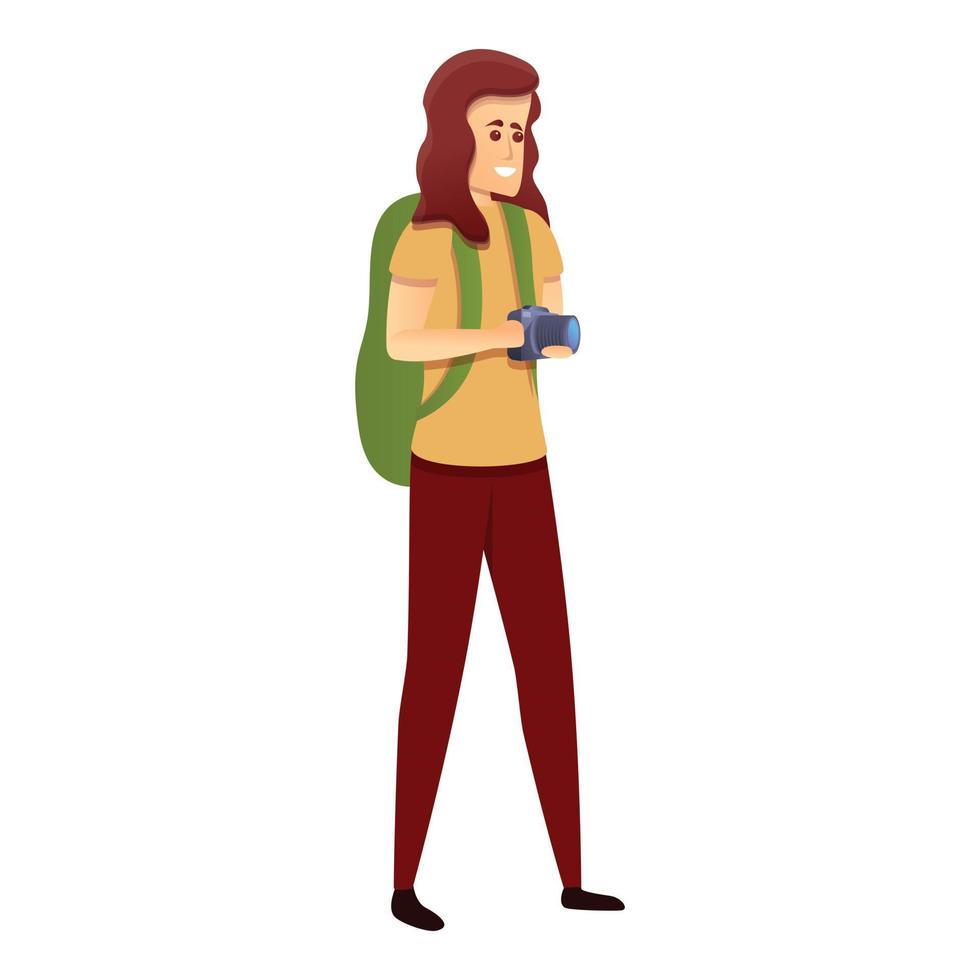 chica turista con icono de cámara, estilo de dibujos animados vector