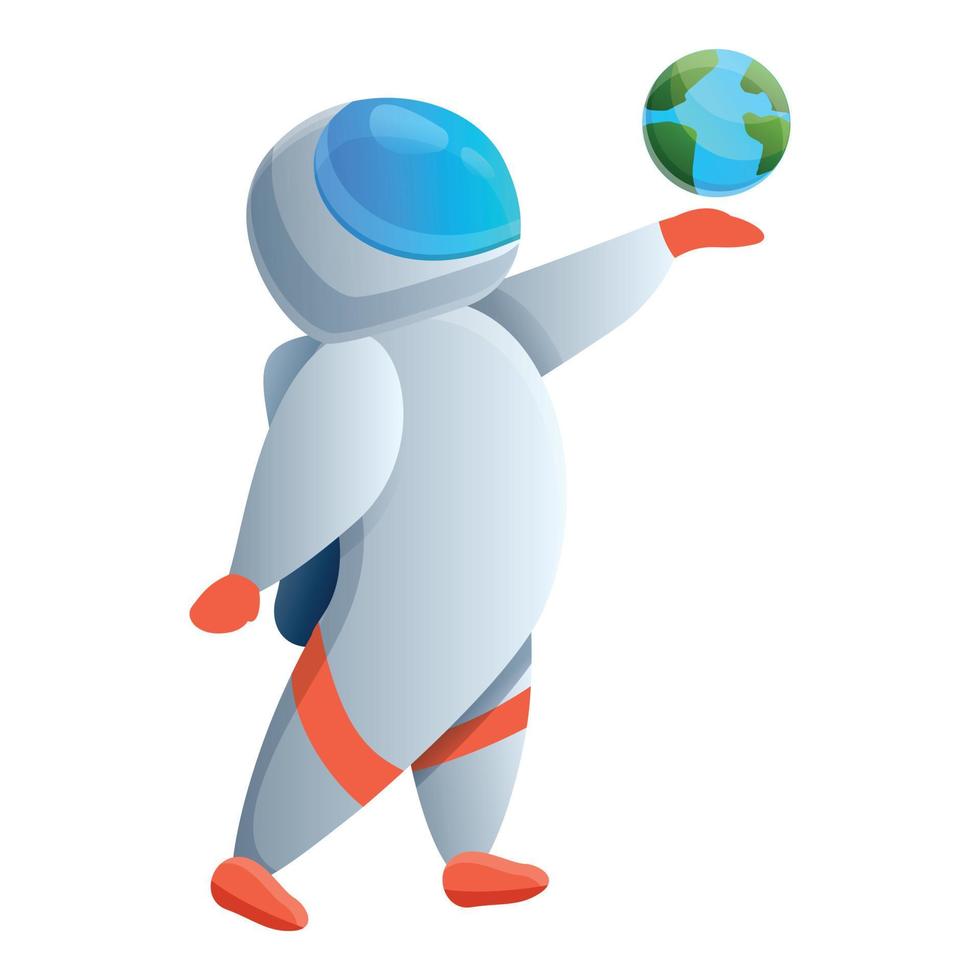 Astronaut keep earth in hand icon, cartoon style vector