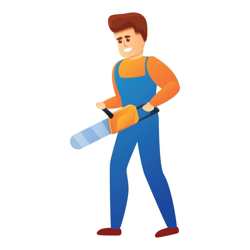 Repairman with chainsaw icon, cartoon style vector