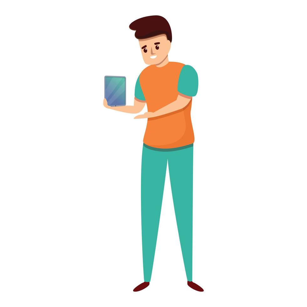 Shop assistant show tablet icon, cartoon style vector