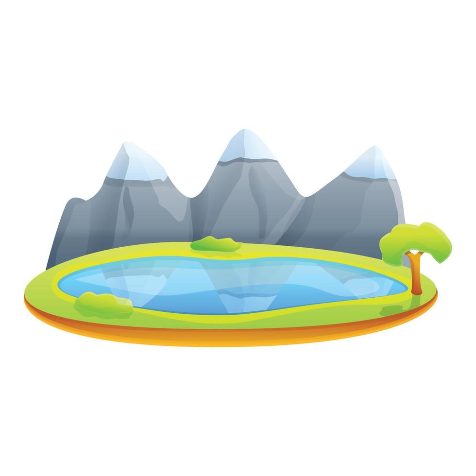 Summer mountain lake icon, cartoon style vector