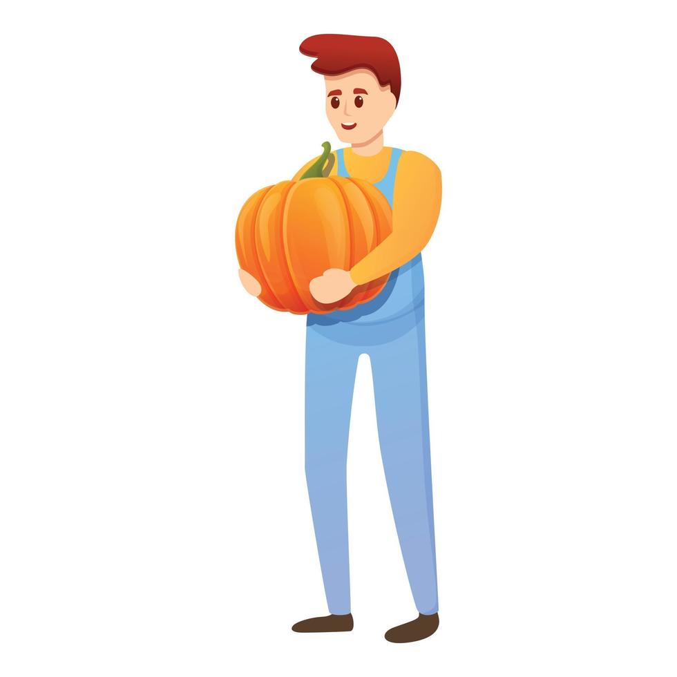 granjero toma un gran icono de calabaza, estilo de dibujos animados vector