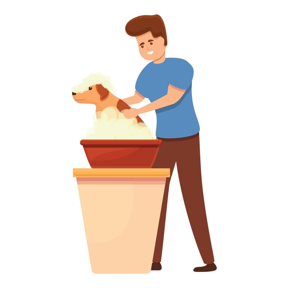 peluquero, niño, lavado, perro, icono, caricatura, estilo vector