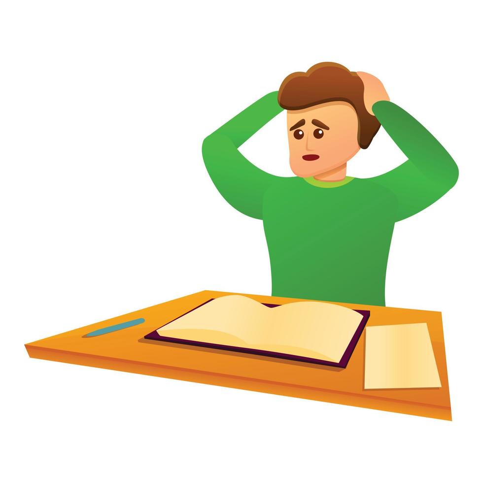 Student stress exam preparation icon, cartoon style vector