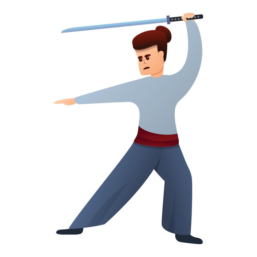 Samurai fight position icon, cartoon style vector