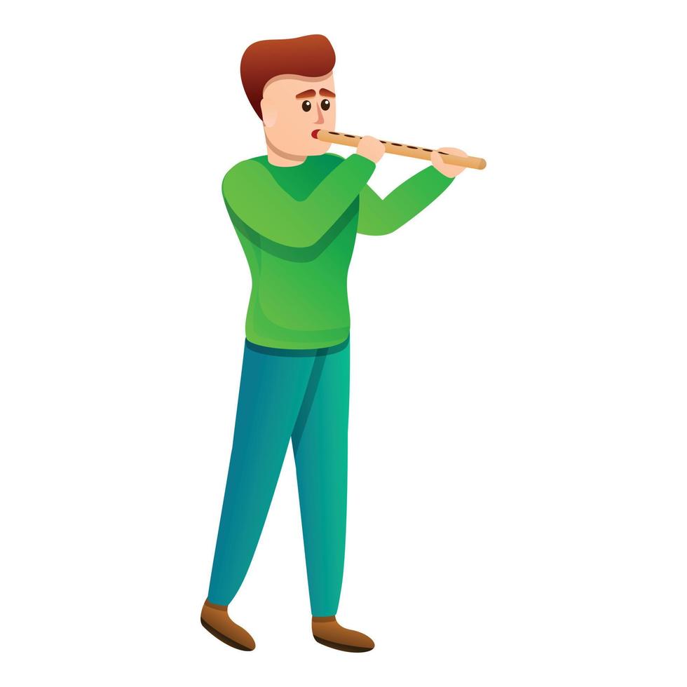 Boy playing on flute icon, cartoon style vector