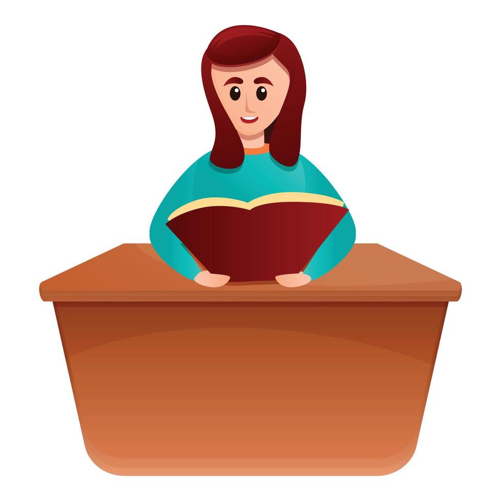 chica leyendo libro en el icono del escritorio, estilo de dibujos animados vector