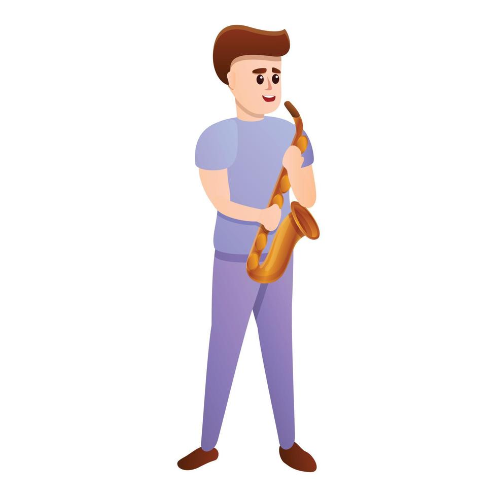 Boy playing saxophone icon, cartoon style vector