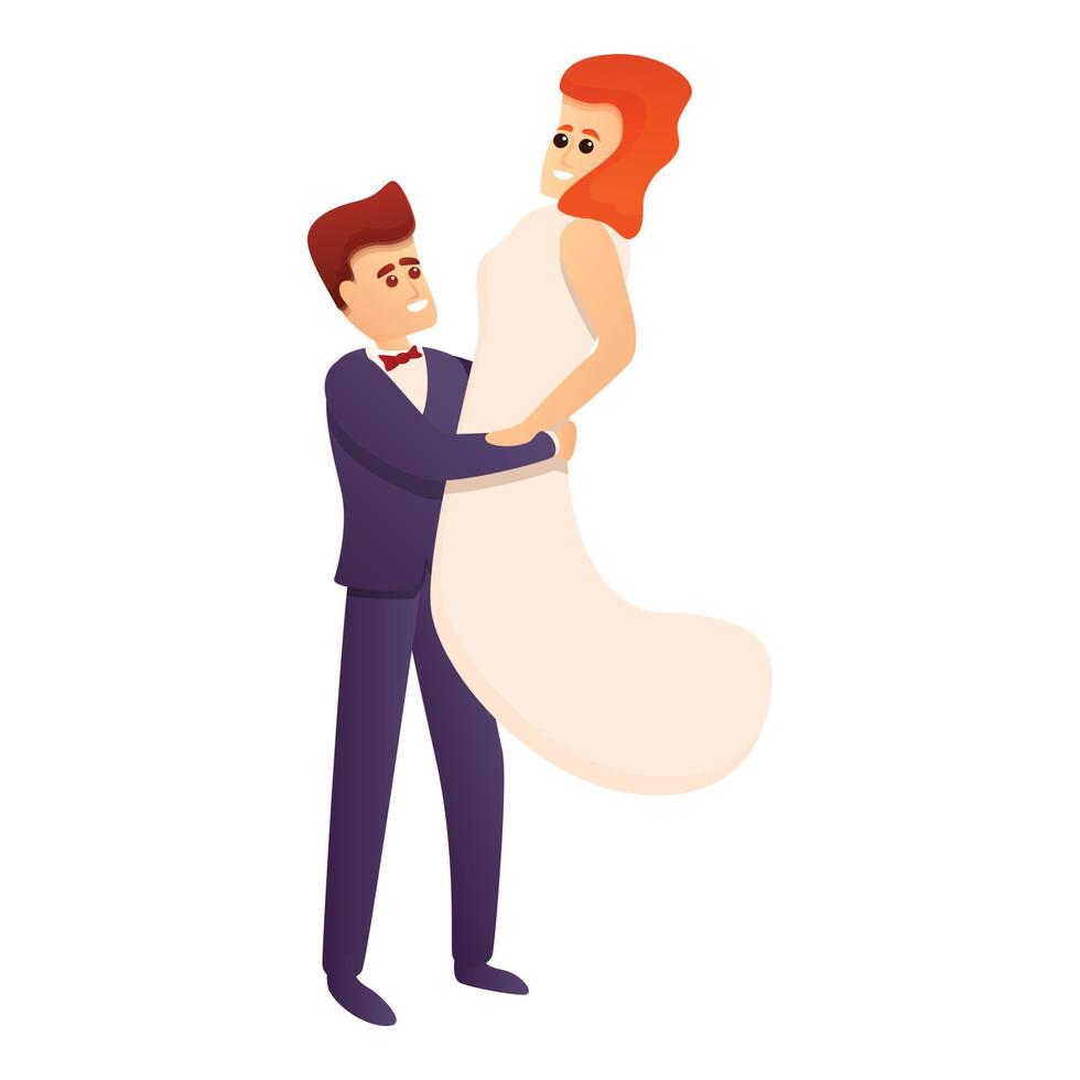 Bride jump in groom hands icon, cartoon style vector
