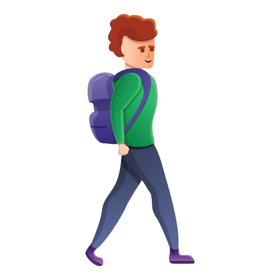 chico caminando icono de mochila, estilo de dibujos animados vector