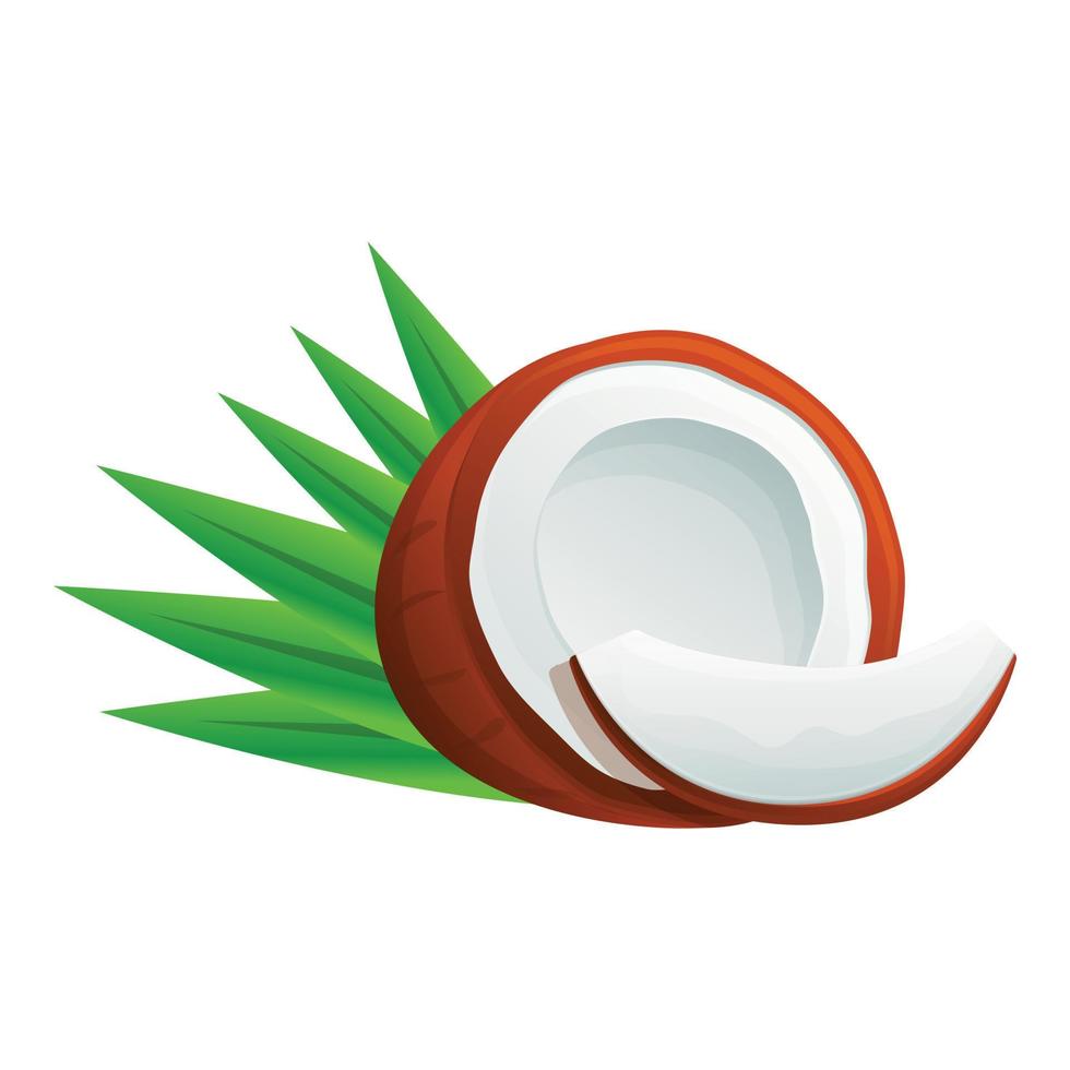 Coconut with leaf icon, cartoon style vector