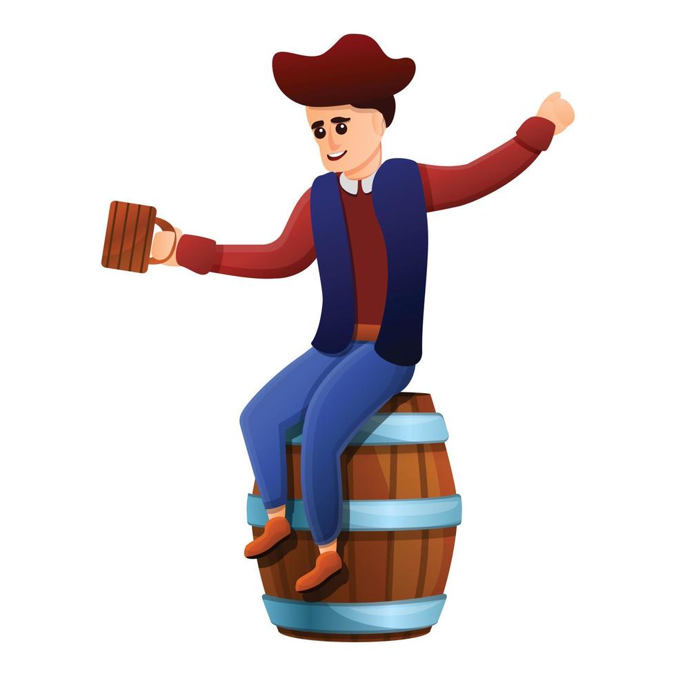Drunk pirate on barrel icon, cartoon style vector