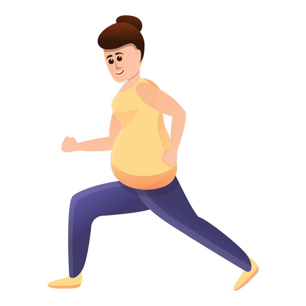 Pregnant woman doing lunges icon, cartoon style vector