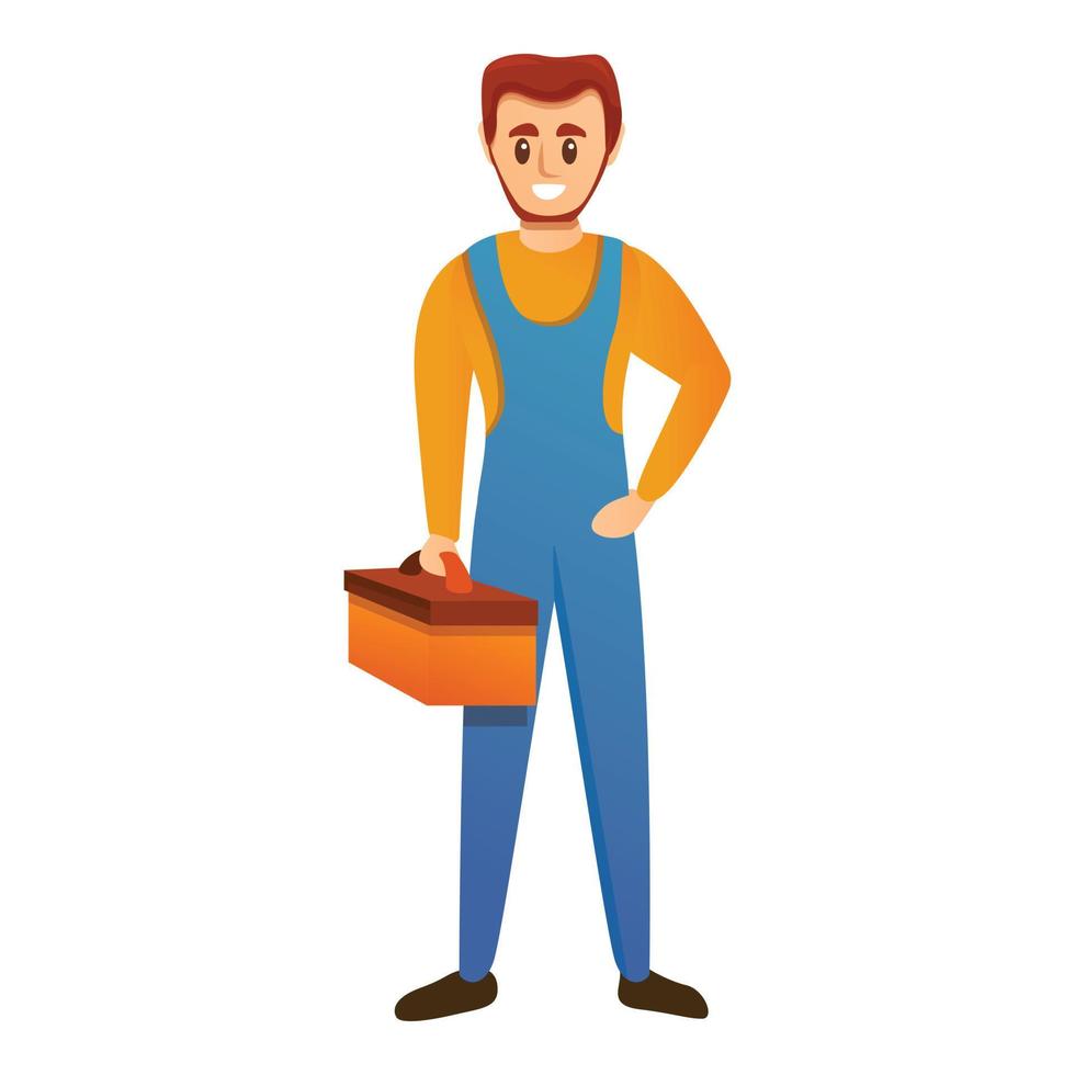 Electrician with tool box icon, cartoon style vector
