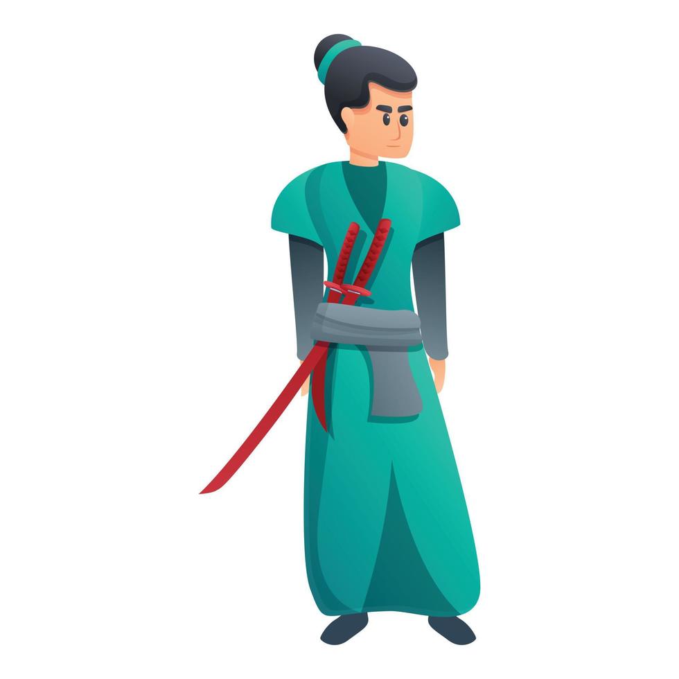 Green clothes samurai icon, cartoon style vector