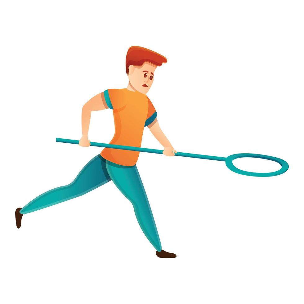 Man catch homeless dog icon, cartoon style vector