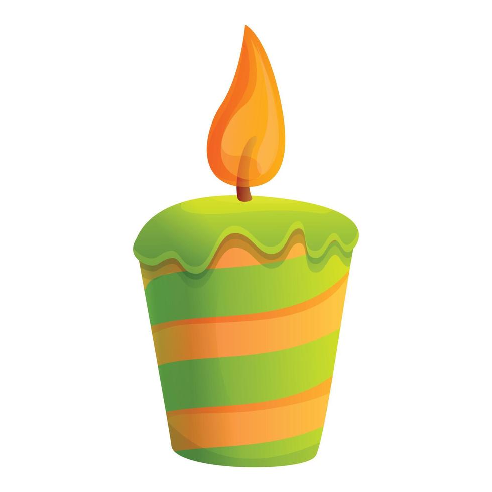 Green striped candle icon, cartoon style vector