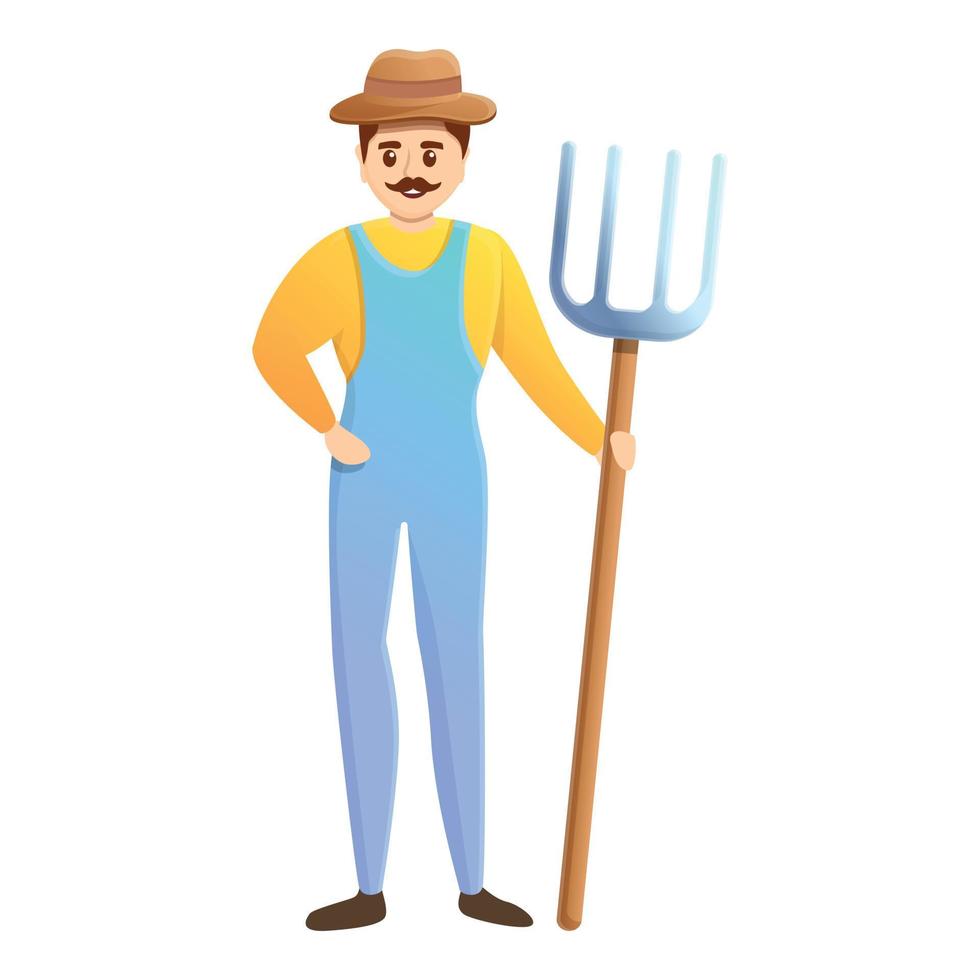 Happy farmer with fork icon, cartoon style vector