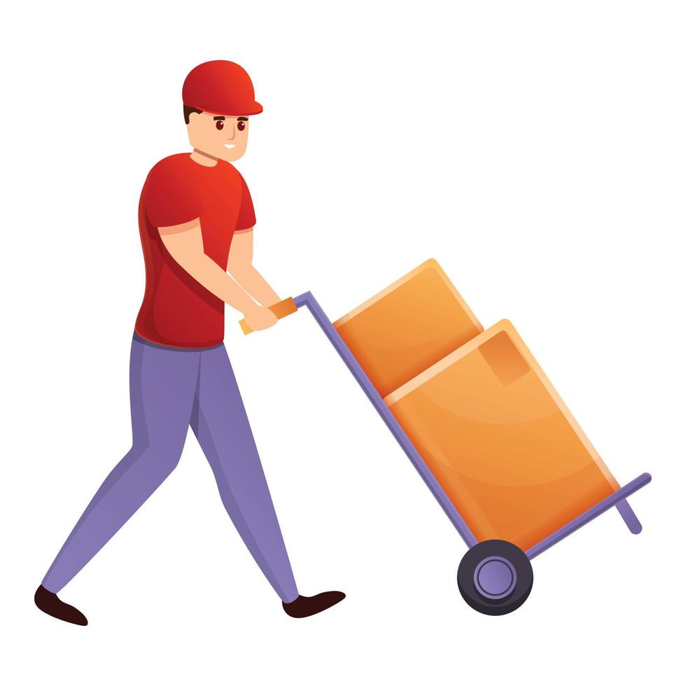 Courier with box cart icon, cartoon style vector