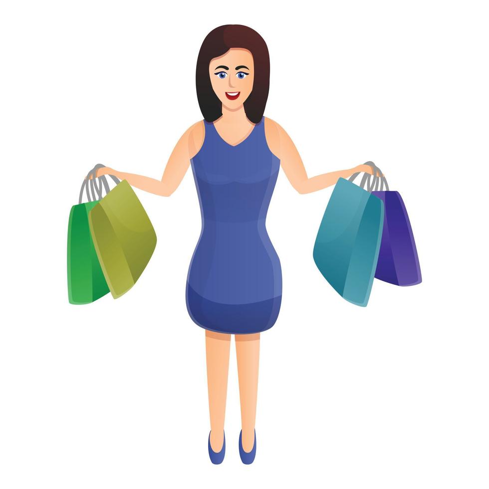 Smiling woman after shopping icon, cartoon style vector