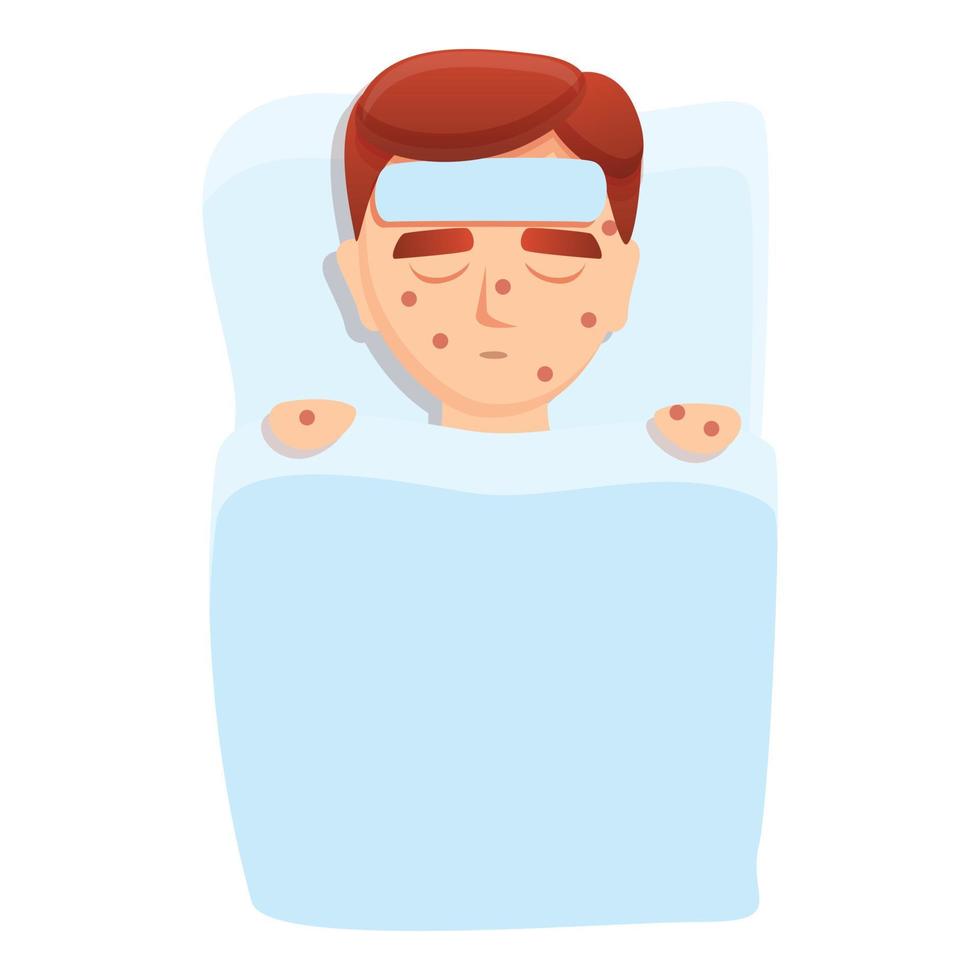 Measles kid in bed icon, cartoon style vector