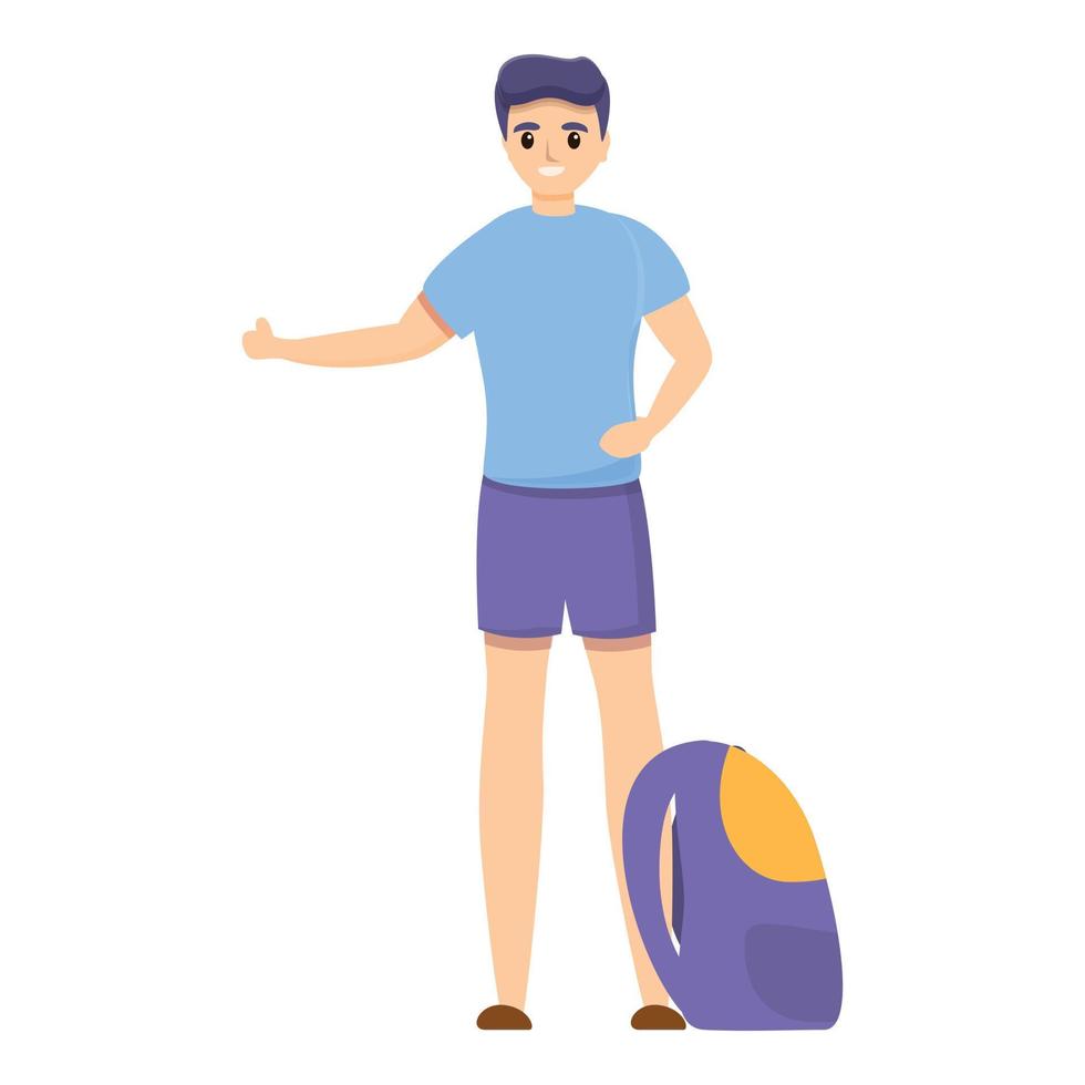 Student hitchhiking icon, cartoon style vector