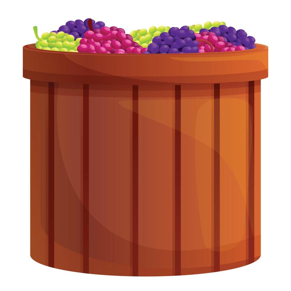 Wood barrel grapes icon, cartoon style vector