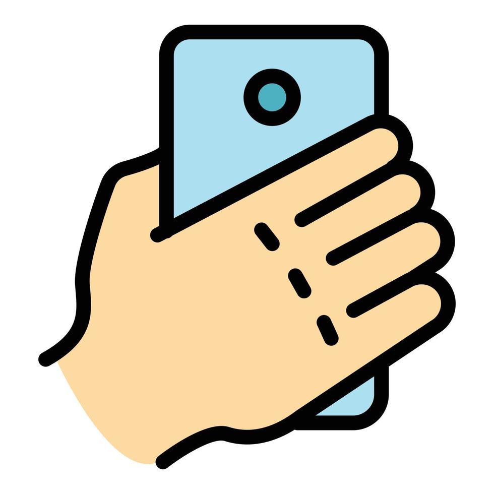 icono de selfie de mano de teléfono inteligente, estilo de contorno vector