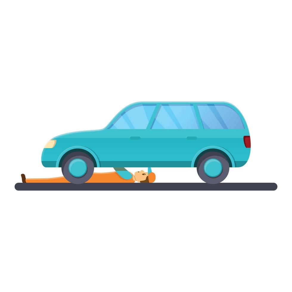 Mechanic under car icon, cartoon style vector