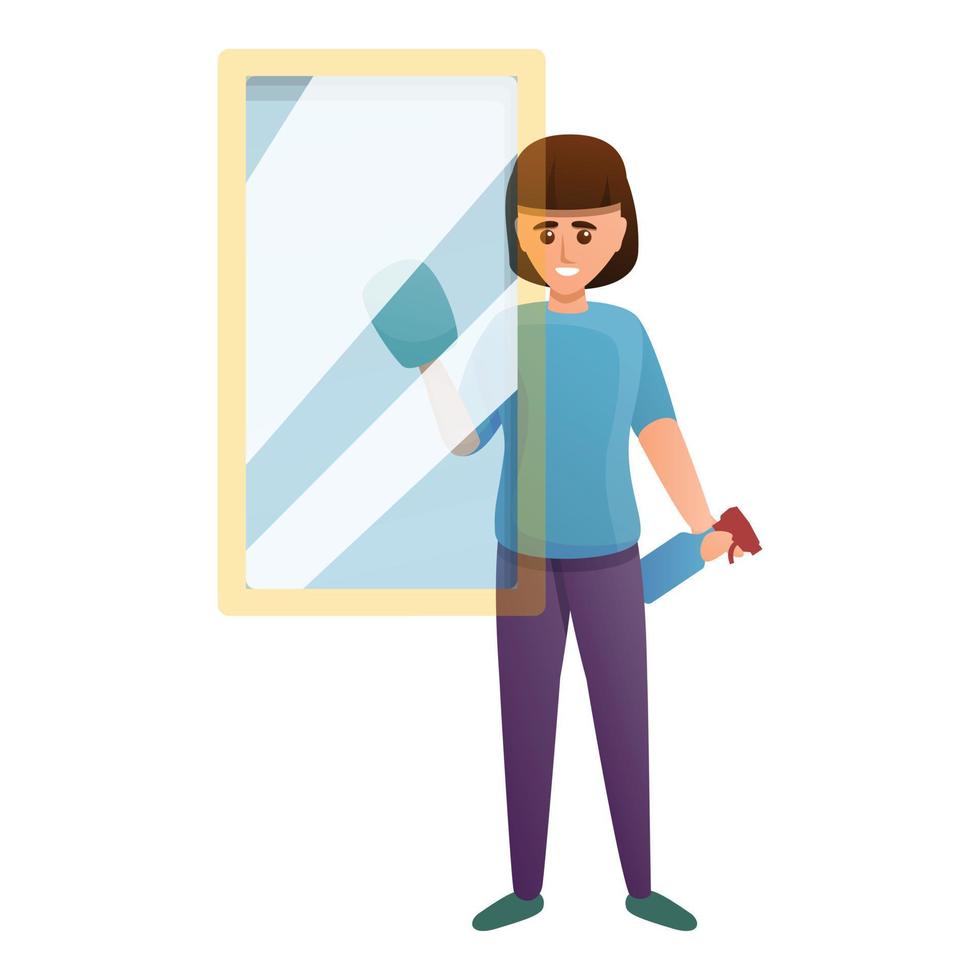 Girl clean mirror icon, cartoon style vector