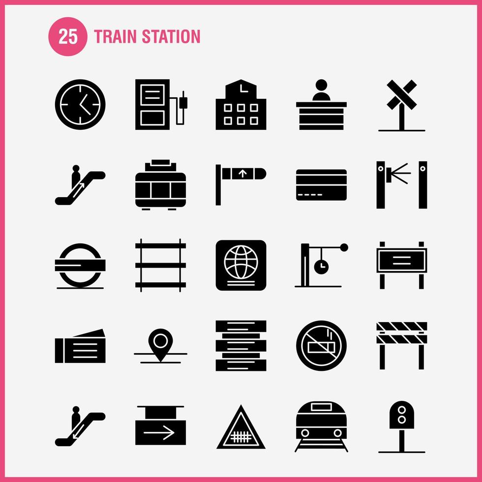 Train Station Solid Glyph Icons Set For Infographics Mobile UXUI Kit And Print Design Include Entrance Railway Station Subway Train Railroad Railway Sign Icon Set Vector