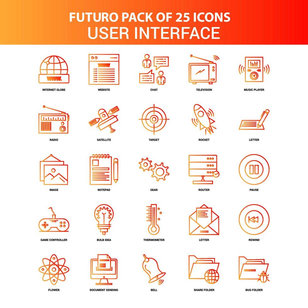 naranja futuro 25 conjunto de iconos de interfaz de usuario vector